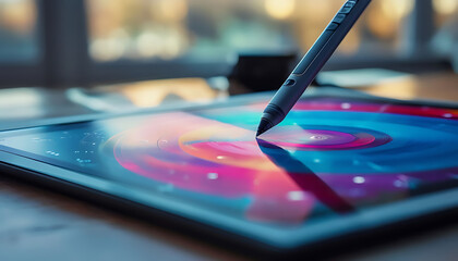 A close-up shot of a digital artist using a stylus on a graphic tablet, with colorful abstract designs on the screen
