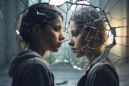 abstract concept of a woman looking at her sad thoughts in cracked mirror, mental health