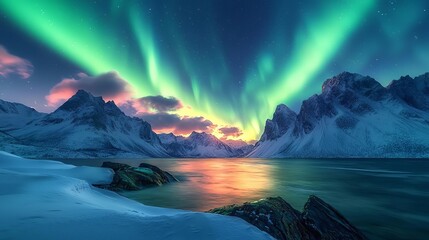 Naklejka premium Glowtime decorations Glowing aurora lights over a mountain range, capturing natural beauty, mountain majesty, serene landscape