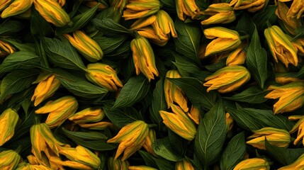 Obraz premium Close-up of Bright Yellow and Green Tulip Buds in Early Spring Garden