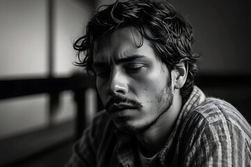 Obraz premium black and white portrait of man depressed alone at home