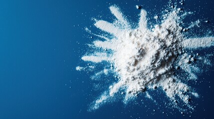 White Flour Explosion on Clean Blue Background Displaying Unique Textures Shot in Wide Angle