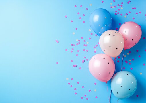 Bright blue background with pink and blue balloons and scattered confetti suggests festive celebrations, perfect for greeting cards, invitations, and party decor themes,