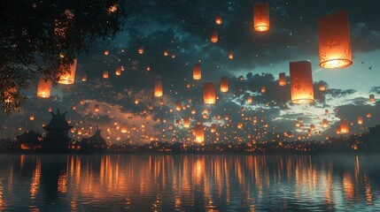 Naklejka premium Floating lanterns in a nighttime sky, with books reflecting their glow