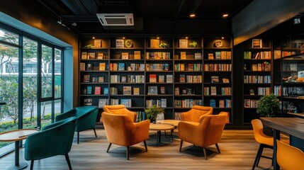 Modern lounge with comfortable armchairs and a bookshelf.