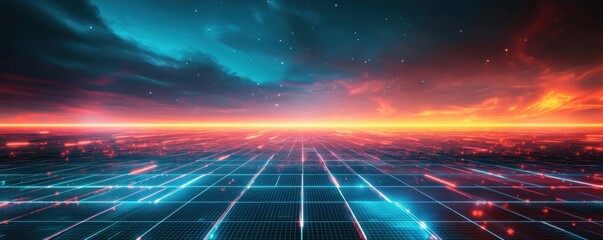 Futuristic digital landscape with glowing grid lines against a vibrant sunset sky, creating a cyberpunk aesthetic.