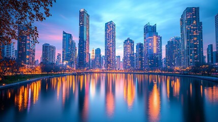 Naklejka premium Glowtime energy City skyline at dusk with glowing skyscrapers reflecting on a calm river, urban serenity, modern glow