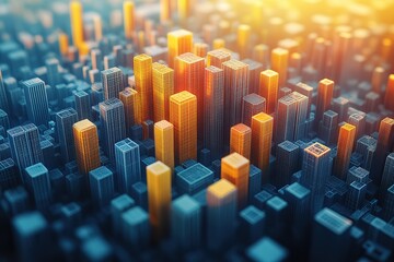 Obraz premium A cityscape with tall buildings and a bright orange sun in the background