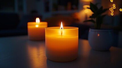 Glowtime energy Glowing candles in a dark room, creating a warm and intimate atmosphere, cozy vibe, peaceful and relaxing