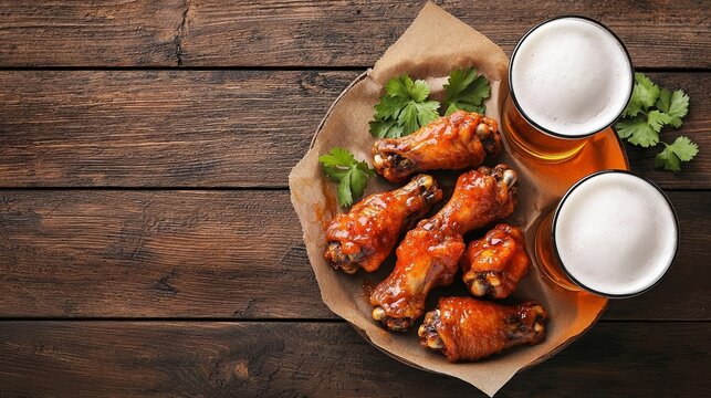 Top-down view of crispy buffalo wings with two cold beers, perfect for a casual gathering or game day, chicken wings, beer pairing, bold, flavorful