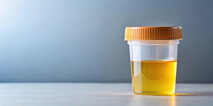 Urine sample container with test strip on background, container, urine test, medical, healthcare, laboratory, diagnostic, analysis