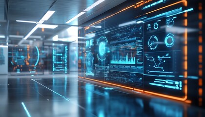 Naklejka premium High-Tech Resource Management Facility with AI-Driven Monitoring Systems and Real-Time Sustainability Metrics, Modern and Transparent Setting, Photo Realistic