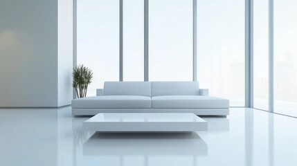 Fototapeta premium A modern minimalist living room featuring a sleek sofa, a simple coffee table, and large windows allowing natural light to flood the space, set against a clean white background.