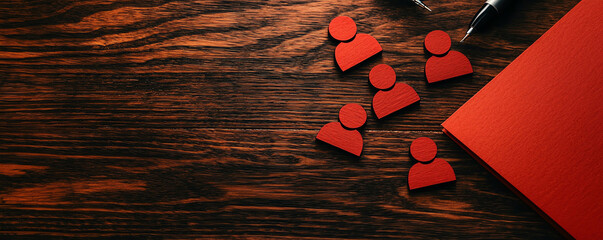 Stylish flat lay featuring red human figures on a wooden table with a red folder, ideal for teamwork and collaboration concepts.