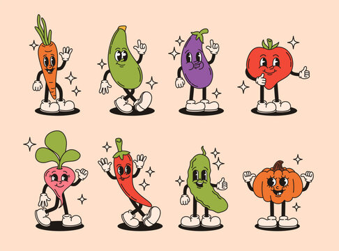 Groovy retro characters vegetables. Tomato, carrot, eggplant, pepper, zucchini, pumpkin, radish, cucumber. Flat vector illustration.
