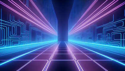 Fototapeta premium 3d Abstract neon corridor with vibrant blue and pink lights glowing neon hallway in a dark pink background 