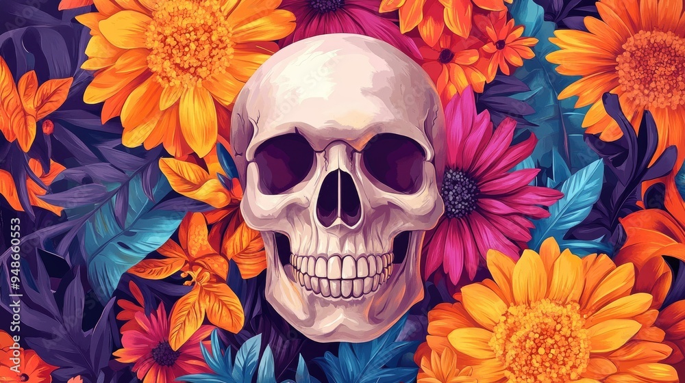 Canvas Prints Human Skull Surrounded by Vibrant Flowers and Leaves