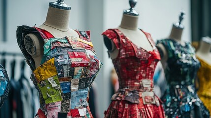 eco-friendly fashion, mannequins showcase upcycled clothing, promoting sustainable fashion practices under a banner