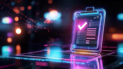 Neon glowing clipboard with a checkmark on a digital interface.