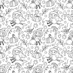Obraz premium Halloween seamless vector pattern with little funny witches in hats, pumpkins, mushrooms. Black line illustration for decoration and design wrapping paper, fabrics, souvenirs