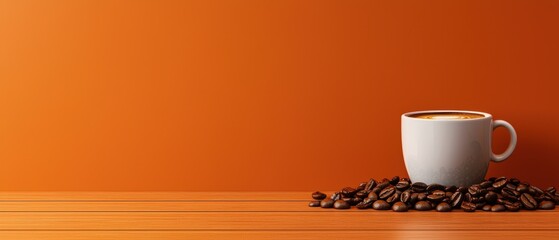 Minimalist Coffee Cup With Beans on Wooden Table Against Orange Background