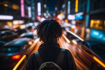 Fototapeta premium man walking through city at night, motion blur effect, city lights