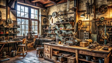 Organized chaos in a vintage workshop with mechanical relics, vintage, workshop, organized chaos, tools, machinery, equipment
