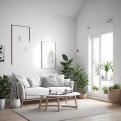 Living room interior in beige colors with six white frame. 3d rendering. Modern living room
