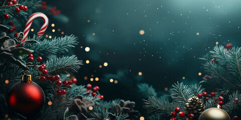 Abstract dark green Christmas background with bells and leafy decorations
