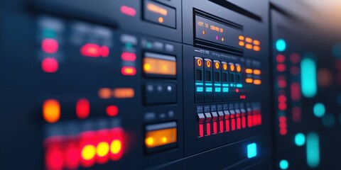 Close-up of a control panel displaying colorful lights and buttons, representing modern technology and electronic systems.