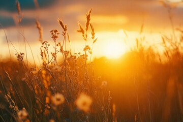 Obraz premium Golden Sunset Over Wildflower Field: Serene Nature Landscape