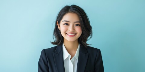 A friendly yet professional Asian businesswoman in a blue suit, smiling warmly to convey kindness and sincerity. She exudes confidence and expertise in finance and business management