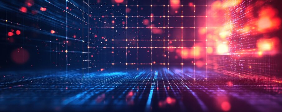 Futuristic digital technology background with glowing particles and abstract grid, representing innovation and data flow.