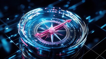 Digital compass with glowing blue and pink lights on a dark background.