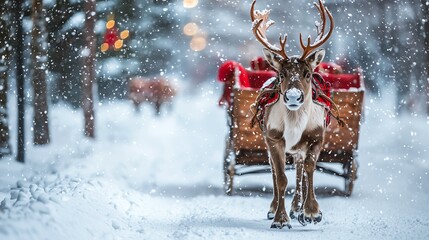 Festive reindeer, sleigh in a snowy , Christmas