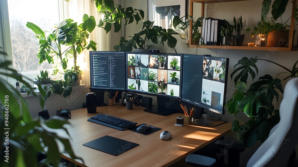 Poster Modern Home Office Setup Optimized for Remote Work with Dual Monitors and Virtual Meeting Setup, Tech-Savvy and Organized Environment, Photo Realistic