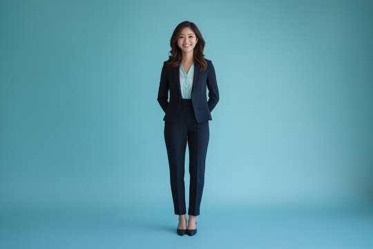 A friendly yet professional Asian businesswoman in a blue suit, smiling warmly to convey kindness and sincerity. She exudes confidence and expertise in finance and business management