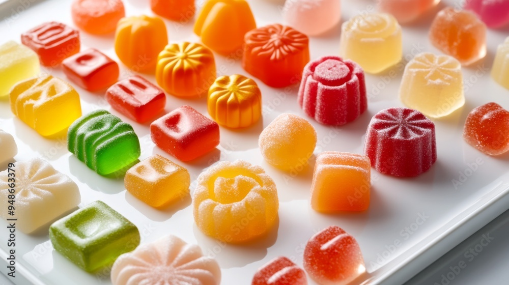 Poster a neatly arranged assortment of hard candies with different shapes and colors, displayed on a white 
