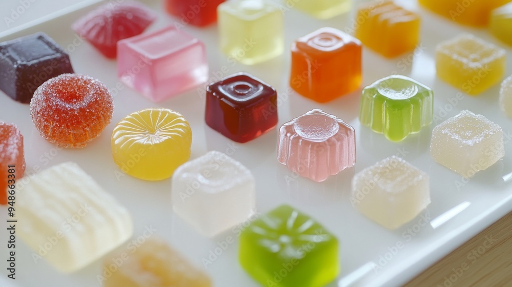 Poster a neatly arranged assortment of hard candies with different shapes and colors, displayed on a white 