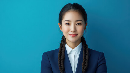 A friendly yet professional Asian businesswoman in a blue suit, smiling warmly to convey kindness and sincerity. She exudes confidence and expertise in finance and business management