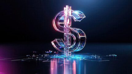 Glass dollar sign on dark background with neon lights.