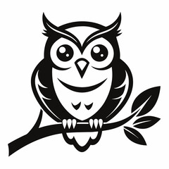 Happy owl perched black & white logo silhouette vector illustration