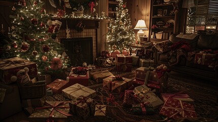 Obraz premium Type: full shot, , Subject: Christmas scene with multiple eerie gifts, some with grotesque, unsettling surprises visible through damaged wrapping or open boxes, Environment: