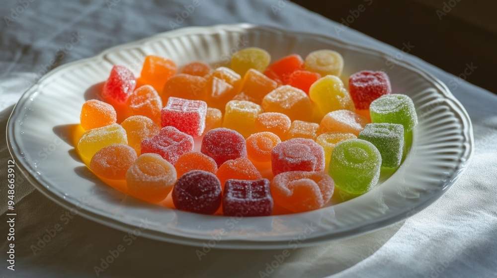 Poster a neatly arranged assortment of hard candies with different shapes and colors, displayed on a white 