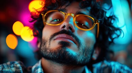 A man with curly hair is seen with a colorful background of blurred orange and blue lights, creating a lively and vibrant scene emphasizing the interplay of light and shadow.