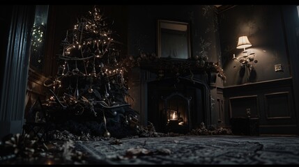 Obraz premium Type: full shot, , Subject: eerie Christmas tree adorned with sinister looking ornaments and dark, twisted garlands, Environment: dimly lit room with a foreboding atmosphere,