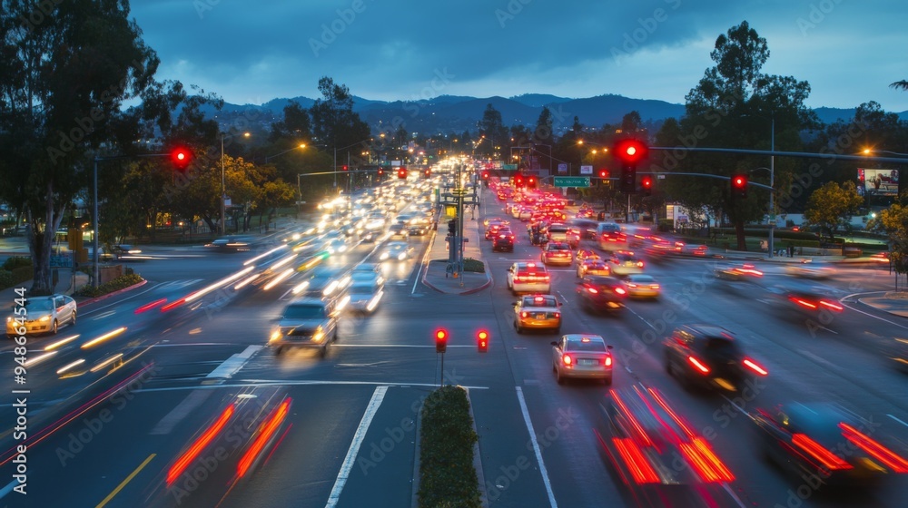 Poster a nighttime image of a busy street with illuminated traffic signals and the vibrant motion of headli