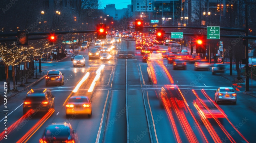 Poster a nighttime image of a busy street with illuminated traffic signals and the vibrant motion of headli