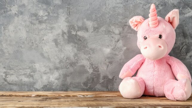 Charming stuffed unicorn toy on a wooden floor against a minimalist grey wall, perfect for a little girl's playroom decoration