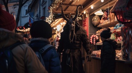 Type: full shot, , Subject: Krampus frightening a group of children, Environment: festive Christmas market with candy stands and holiday decorations, Light: harsh, dramatic